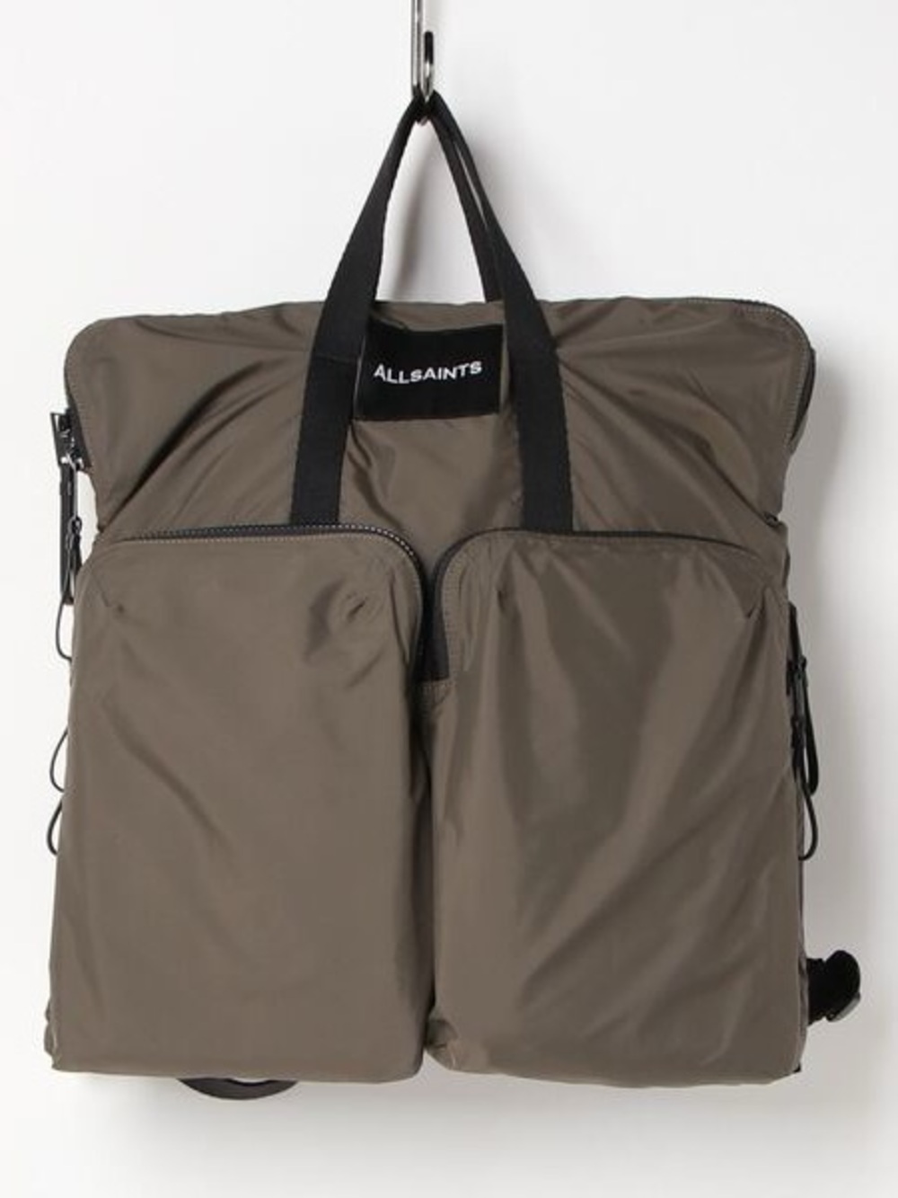 AllSaints Olive Nylon Convertible Tote Backpack with Dual Front Pockets
